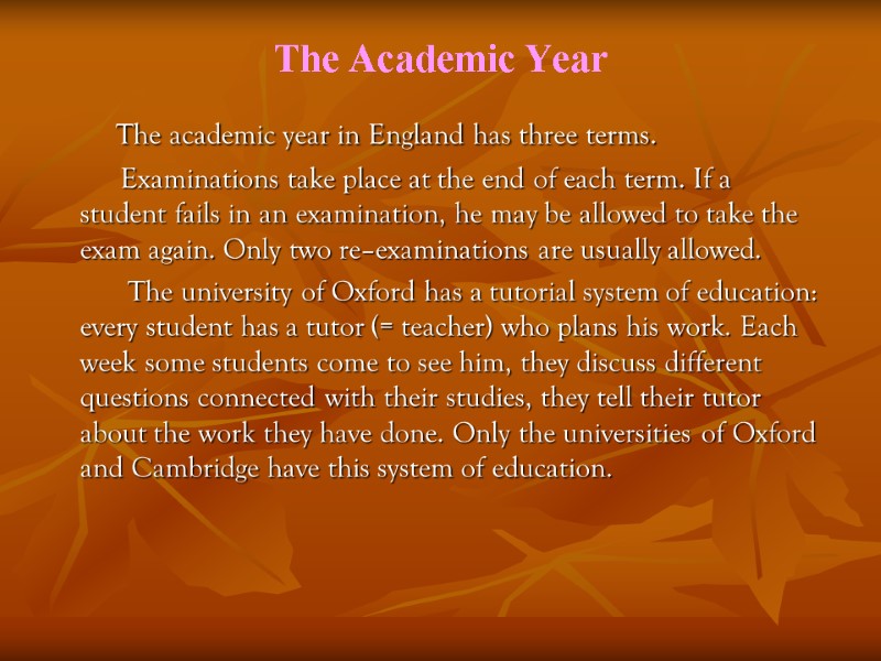 The Academic Year        The academic year in